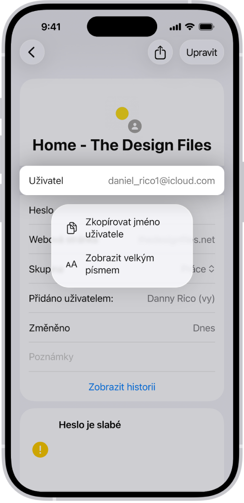 Obrazovka účtu se zvýrazněným uživatelským jménem a volbami Zkopírovat jméno uživatele a Zobrazit velkým písmem