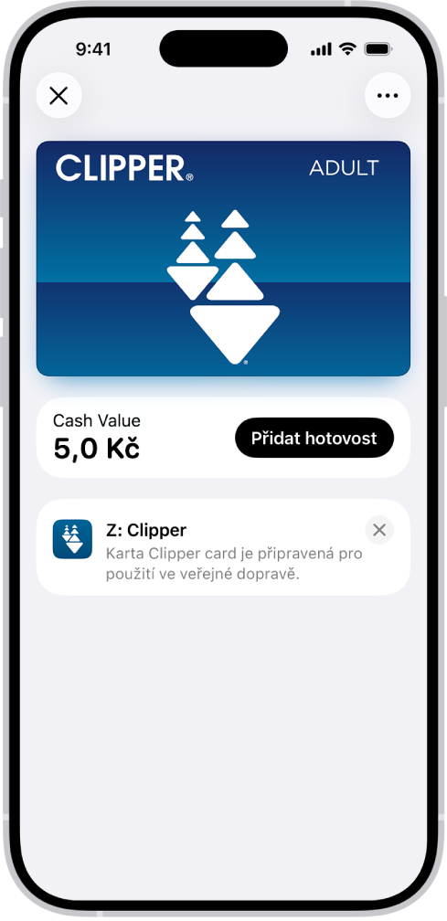 Jízdenková karta v aplikaci Peněženka, která zobrazuje zůstatek na účtu a tlačítko Přidat hotovost