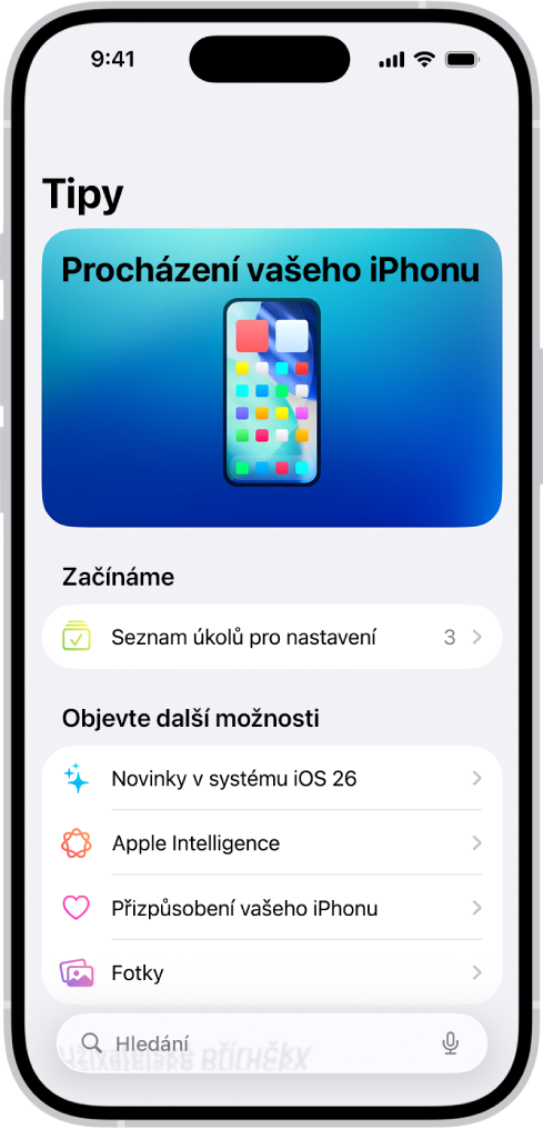 Obrazovka se sbírkou tipů. Šipky ukazují, že klepnutím můžete zobrazit tipy ve sbírce.
