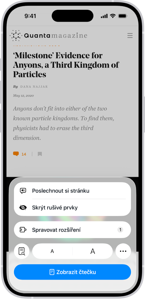 Otevřená webová stránka v Safari. Je vybrané tlačítko Nabídka stránky a zobrazuje se ovládání poslechu.