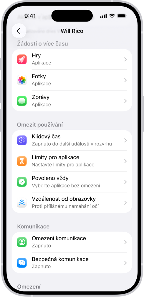 Obrazovka dítěte ve skupině rodinného sdílení se zobrazeným oddílem žádostí o prodloužení času