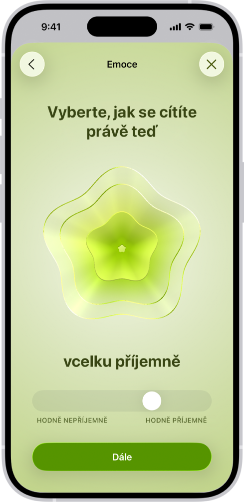 Obrazovka v aplikaci Zdraví, na níž je momentální nálada označena jako „vcelku příjemná“. Dole na obrazovce je posuvník pro nastavení úrovně emoce.