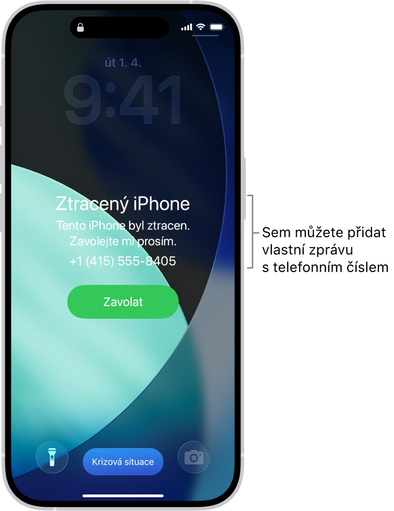 Uzamčená obrazovka iPhonu se zprávou o jeho ztrátě. Podle potřeby si můžete nastavit vlastní zprávu s telefonním číslem.
