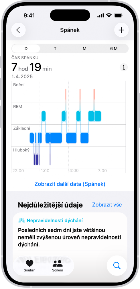 Obrazovka Spánek v aplikaci Zdraví s údaji o přibližné době strávené bděním, ve fázi REM, v základním a hlubokém spánku