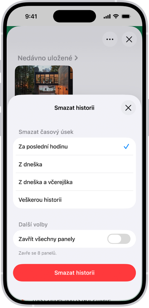 Nabídka Smazat historii. Pod položkou Smazat časový úsek je vybrána volba „poslední hodinu“. Pod položkou Smazat z profilu je vybrána volba Všechny profily. Dole na obrazovce je vidět tlačítko Smazat historii.