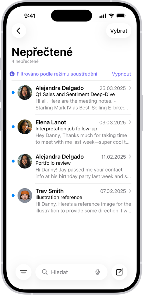 Schránka došlé pošty se seznamem zpráv. Nad seznamem se zobrazuje štítek Filtrováno podle režimu soustředění a napravo od něj tlačítko Vypnout.