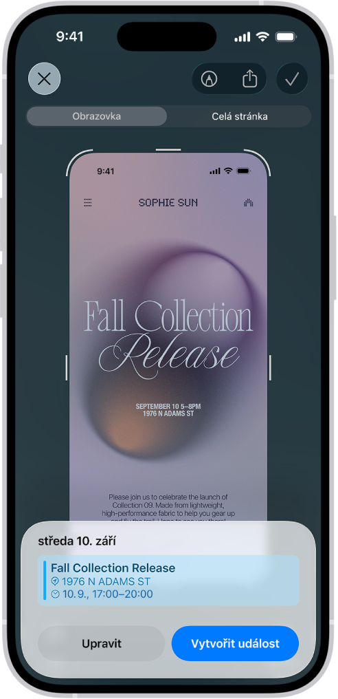 Leták z události otevřený v inteligentním vizuálním rozhraní. V dolní části obrazovky je vidět kalendářní událost s tlačítky, která ji umožňují upravit nebo vytvořit novou.
