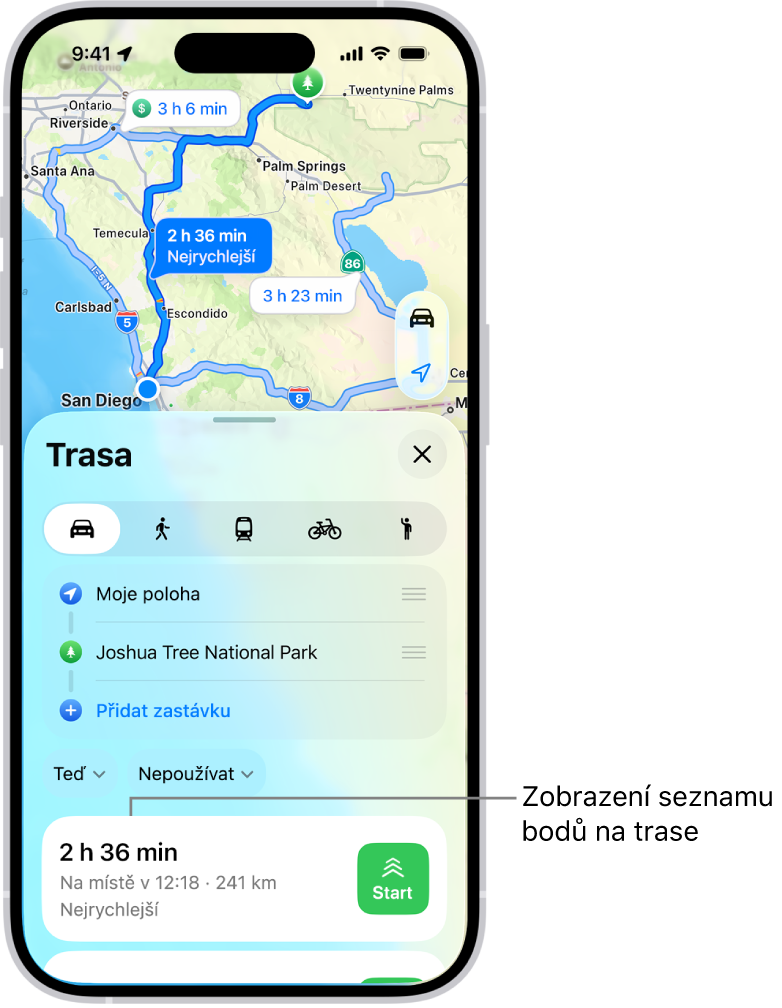 Karta s několika možnostmi tras.
