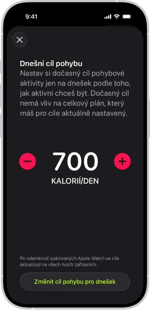 Obrazovka Rozvrh cílů pohybu v aplikaci Kondice, na které se zobrazují tlačítka pro zvýšení a snížení cíle pohybu