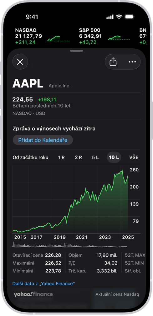 Graf uprostřed obrazovky znázorňuje výkonnost akciového titulu v desetiletém období. Tlačítka nad grafem umožňují zobrazit vývoj kurzu akcií za 6 měsíců, 1 rok, 2 roky, 5 let a 10 let. Pod grafem jsou uvedené podrobnosti o akciovém titulu, například kurz při otevření, maximum, minimum a tržní kapitalizace.