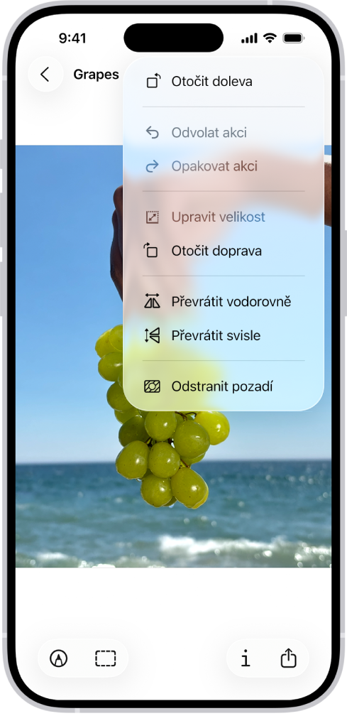 Displej s obrázkem, který má na pozadí vinné hrozny. V nabídce je vidět volba Odstranit pozadí. U dolního okraje obrazovky jsou umístěná tlačítka Anotovat, Ořez, Informace a Sdílet.