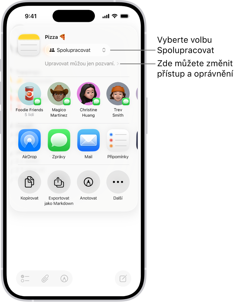 Pozvánka ke spolupráci na receptu v aplikaci Poznámky se zobrazenou volbou sdílení Spolupracovat a s přístupem a oprávněními nastavenými na „Upravovat můžou jen pozvaní“. Pod těmito volbami se nachází řádek se čtyřmi možnými příjemci, mezi nimiž je i skupina. Další řádek nabízí různé způsoby sdílení poznámky: AirDrop, Zprávy, Mail a Připomínky.