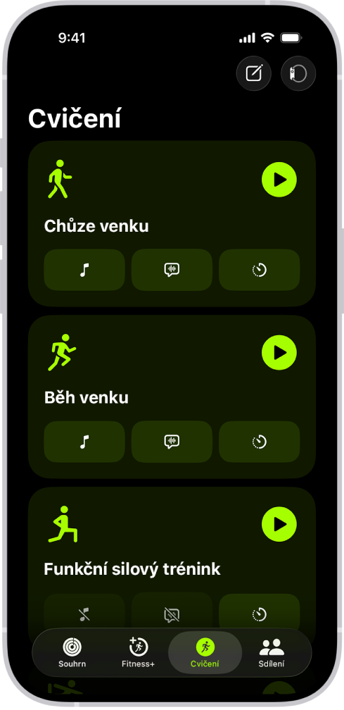 Obrazovka aplikace Kondice se třemi cvičeními.
