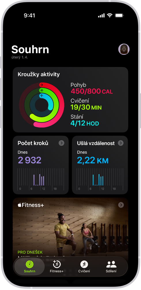 Obrazovka Souhrn v aplikaci Kondice, na které se zobrazují oddíly Kroužky aktivity, Počet kroků, Ušlá vzdálenost a Apple Fitness+.