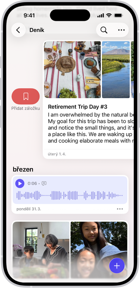 Obrazovka aplikace Deník s deníkovými záznamy. U jednoho ze záznamů se po přejetí doprava zobrazuje tlačítko Přidat do záložek.