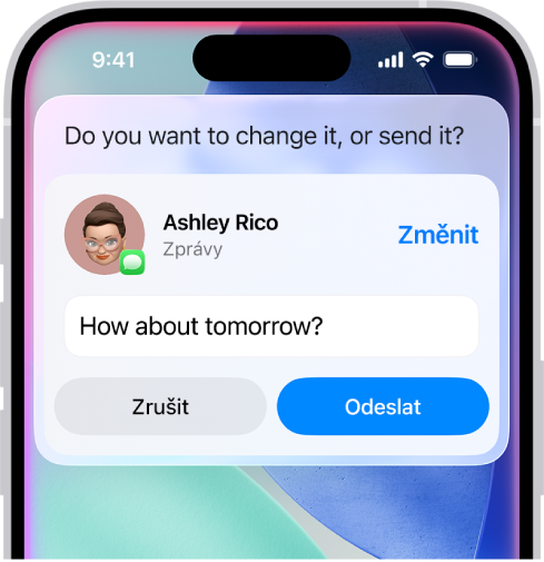 iPhone, na kterém se nahoře na displeji zobrazuje odpověď od Siri v podobě textové zprávy připravené k odeslání