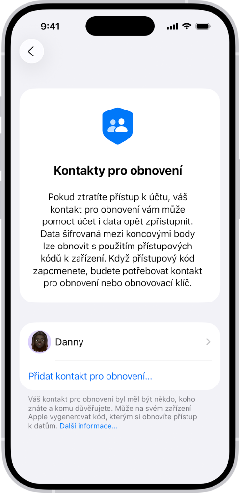 Obrazovka „Přidat kontakt pro obnovení“