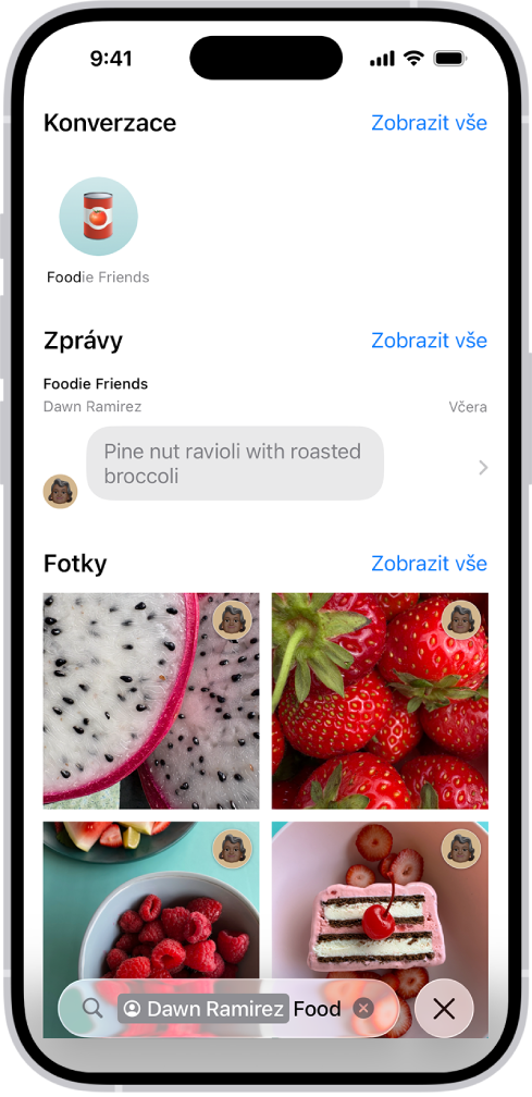 Výsledky hledání v aplikaci Zprávy. Ve vyhledávacím poli je zobrazené kritérium, které omezuje hledání na zprávy od jednoho uživatele.
