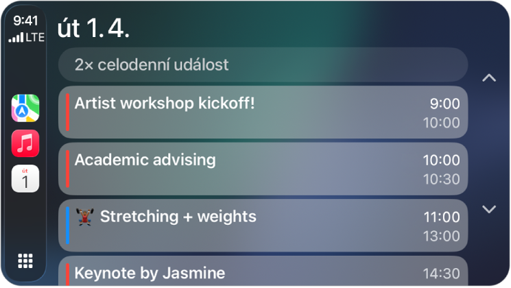 Systém CarPlay s volbami Mapy, Hudba a Kalendář na bočním panelu. Napravo se zobrazují události naplánované na pondělí 5. června: práce na portfoliu, workshop pro vedoucí pracovníky, příprava prezentace a zkouška pěveckého sboru.