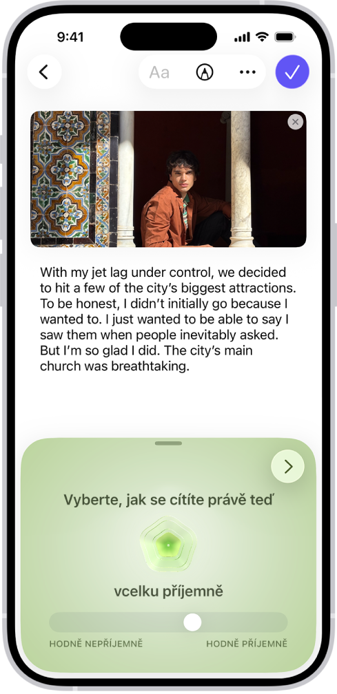 Obrazovka aplikace Deník s deníkovým záznamem a oddílem u dolního okraje, do kterého si můžete zaznamenat stav mysli
