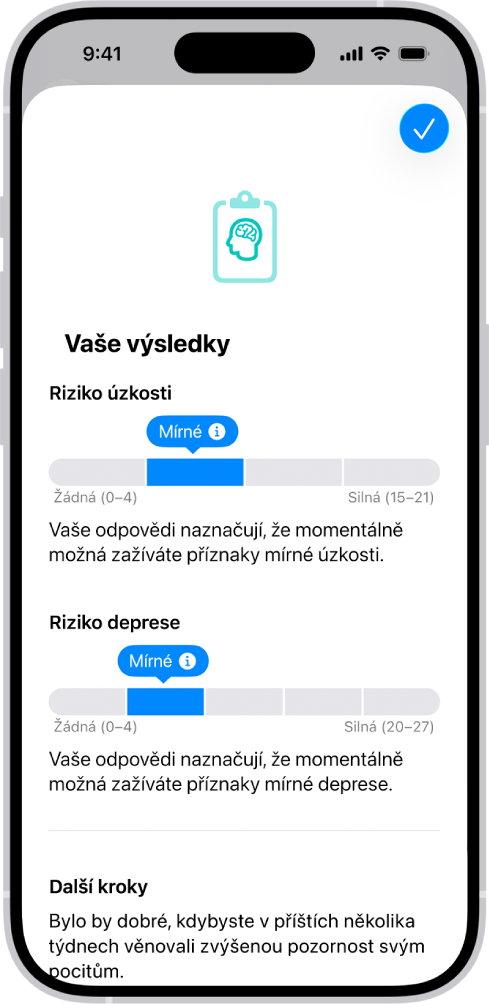 Obrazovka v aplikaci Zdraví s výsledky dotazníku na duševní zdraví.