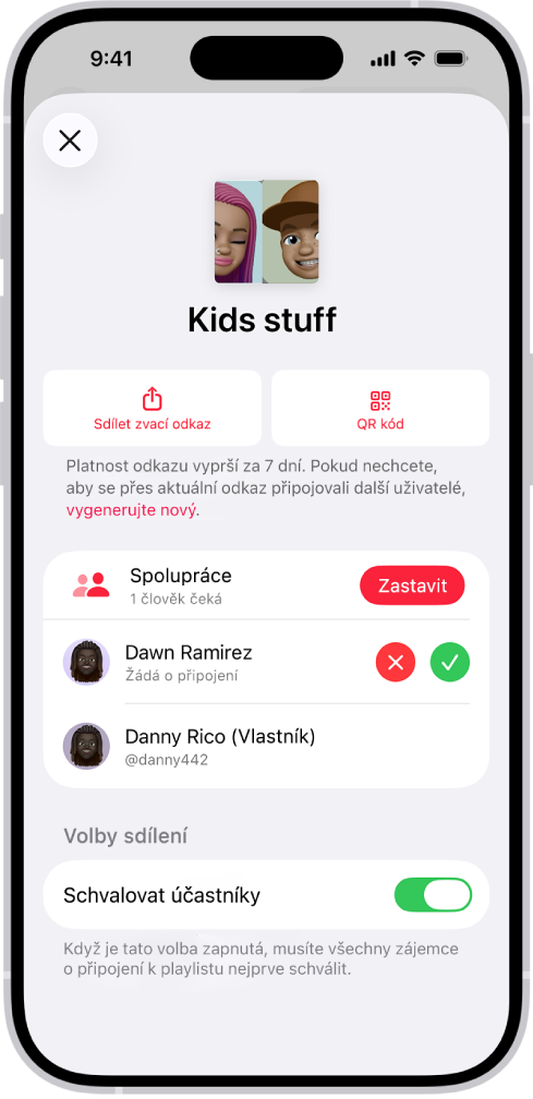 Obrazovka správy spolupráce v aplikaci Hudba