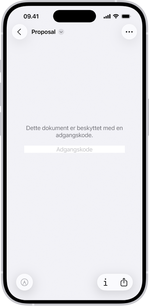 En låst PDF-formular i appen Billedfremviser, der viser et felt til adgangskode. Nederst på skærmen er knapperne Markering, Info og Del.