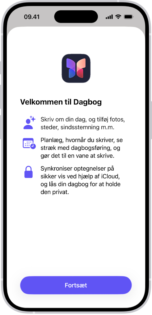 Velkomstskærmen til appen Dagbog.