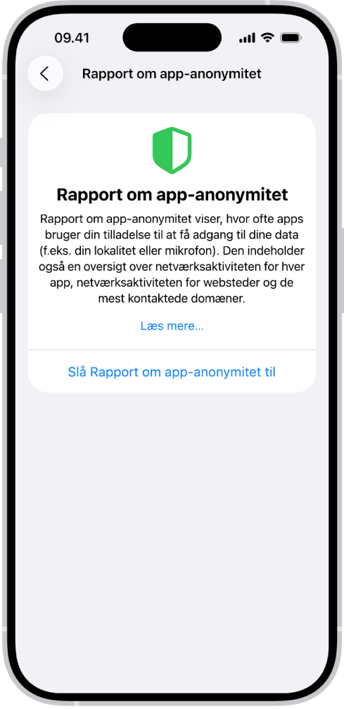 En rapport om app-anonymitet med oplysninger om apps under kategorien Adgang til data og sensorer og oplysninger om apps under kategorien Netværksaktivitet for apps.