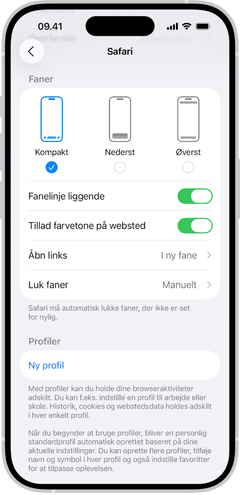 En skærm, der viser tre layoutindstillinger til Safari: Kompakt, Nederst og Øverst.