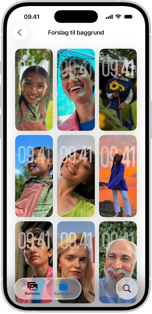 Forslag til baggrunde er åben i appen Fotos. Kombinationer af fotos, filtereffekter og skrifter til urskive, der er genereret automatisk, vises i et net med forslag.
