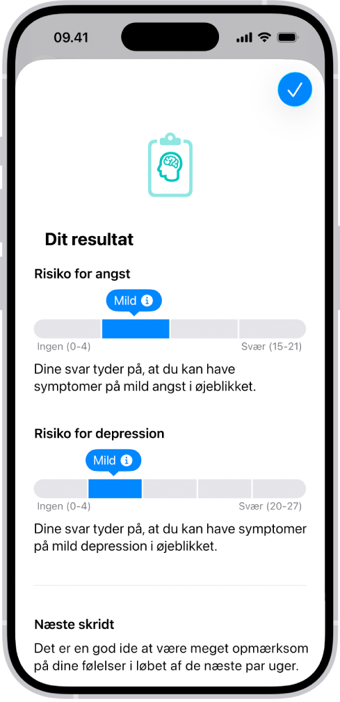 En skærm i appen Sundhed, der viser resultaterne af et spørgeskema om mental sundhed.
