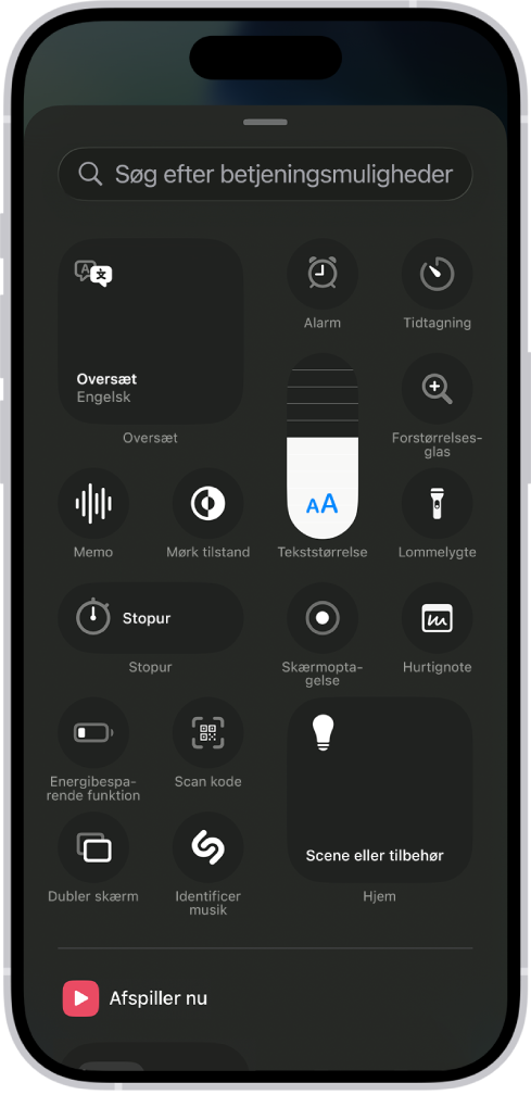Oversigten over betjeningsmuligheder, som viser de tilgængelige betjeningsmuligheder i Kontrolcenter.