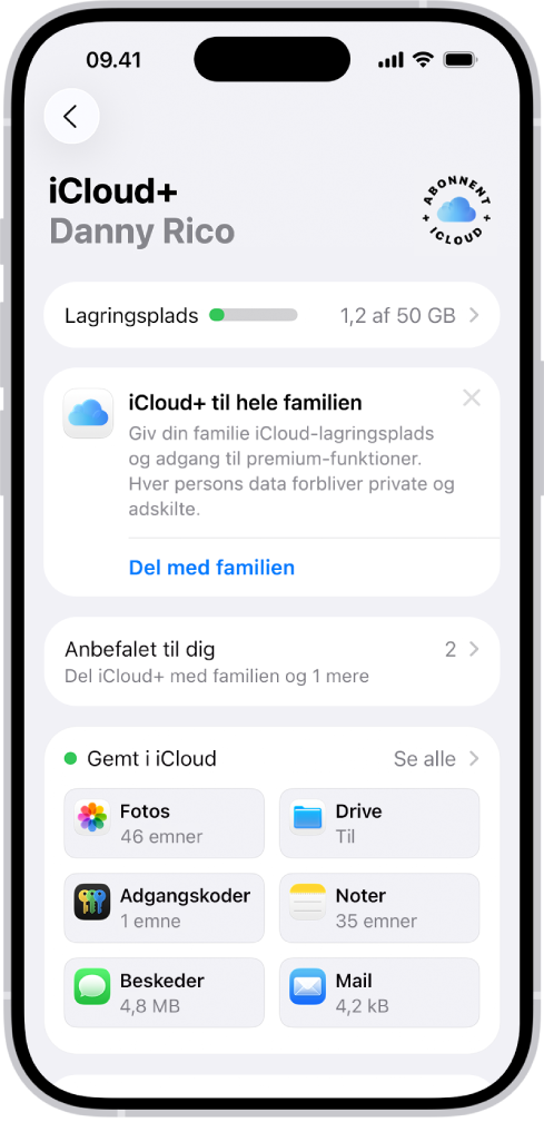 Skærmen med indstillinger til iCloud viser iCloud-lagermåleren og en liste over funktioner, herunder Fotos, iCloud Drive og iCloud-sikkerhedskopiering, som kan bruges med iCloud.