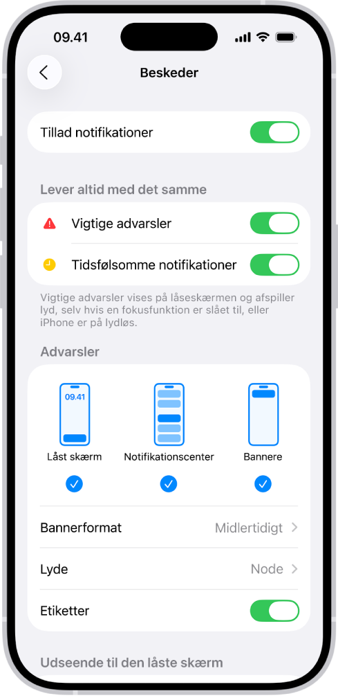 Indstillinger til notifikationer i Beskeder i Indstillinger.