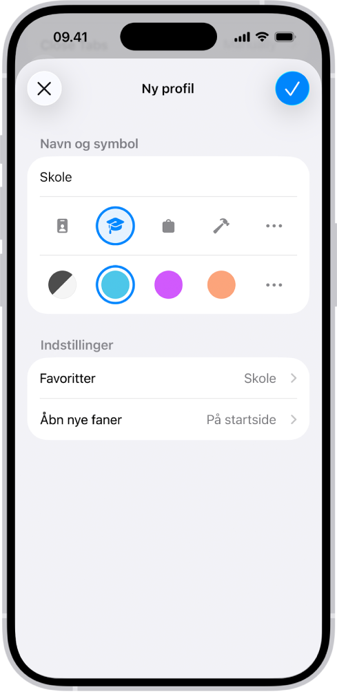En iPhone-skærm, der viser indstillingen af en ny profil. Mulighederne inkluderer symbol, farve, en mappe med bogmærker og siden, nye faner skal åbnes i.