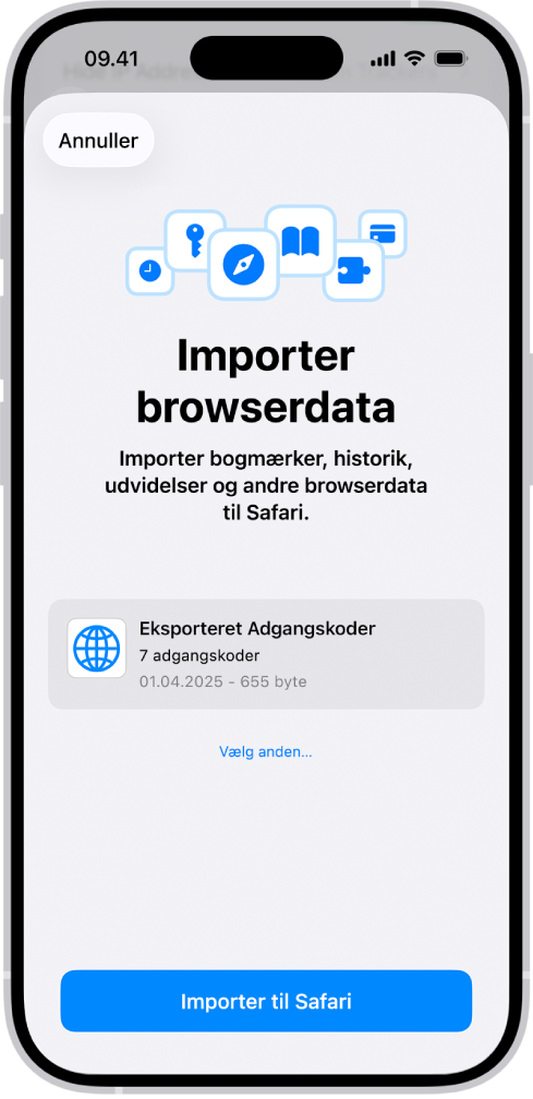 Skærmen Importer browserdata, som viser CSV-arkivet med adgangskoder, som skal importeres fra en anden adgangskodeapp.
