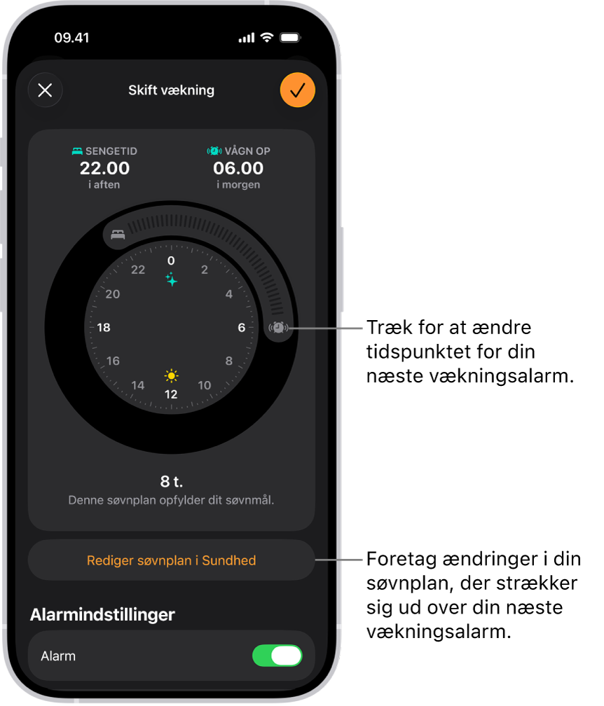 En skærm til redigering af næste vækningsalarm. Positionen af knappen Ringende alarm indstiller tidspunktet for alarmen.