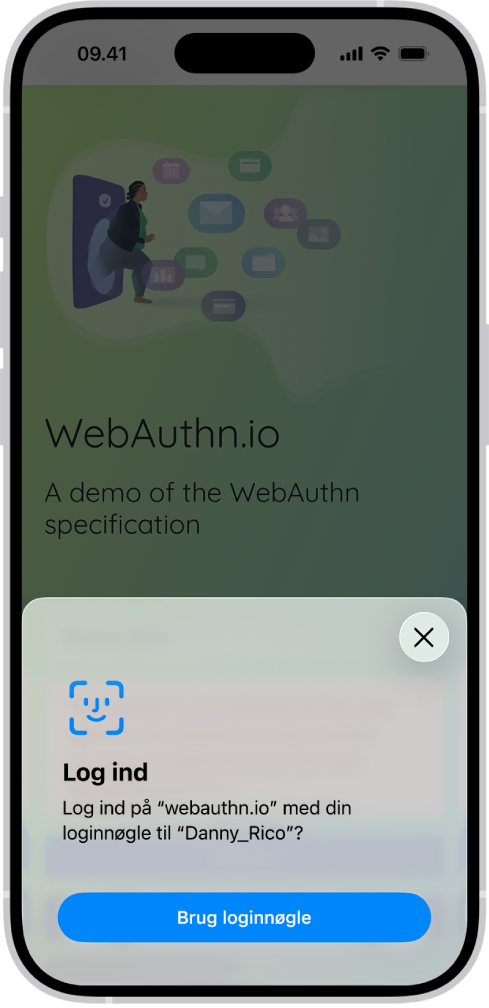 Den nederste halvdel af iPhone-skærmen viser muligheden for at bruge en loginnøgle til at logge ind på et websted.