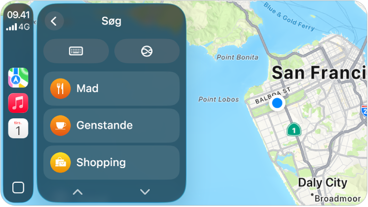 En CarPlay-skærm, der viser et kort over San Francisco. Til højre vises lokaliteten, 3D, rapporter fare og zoomknapperne. Nederst vises knapperne Søg og Destination.