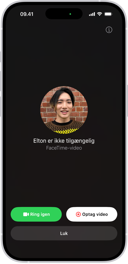 Skærmen til optagelse af en videobesked, når personen, du ringer til, ikke er til stede. Den inkluderer knappen Ring igen og knappen Optag video, som du kan trykke på for at optage en videobesked.