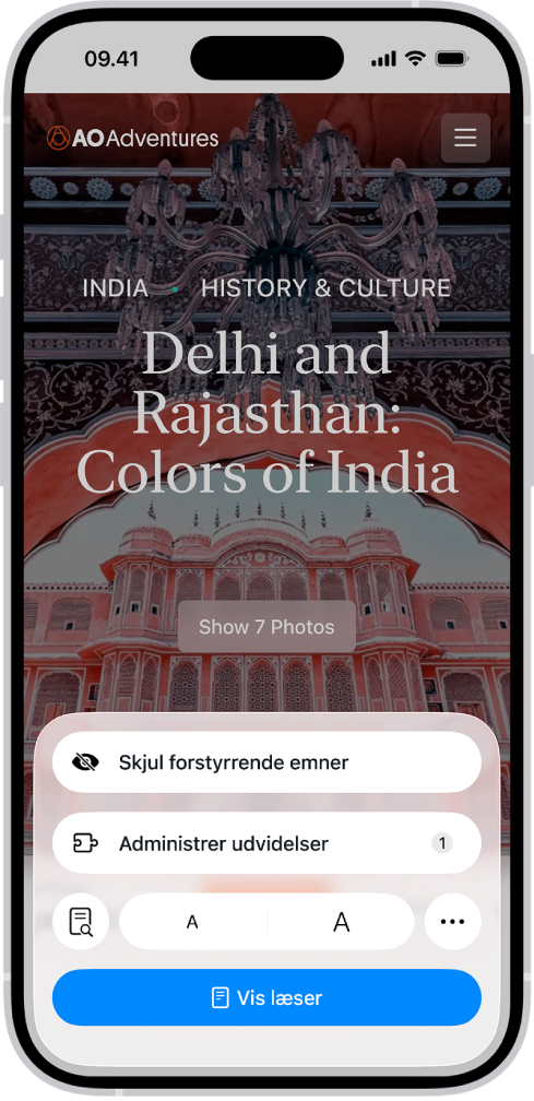 Der er trykket på knappen Sidemenu på et websted i Safari, som viser en liste med muligheder, herunder Administrer udvidelser nederst på skærmen.
