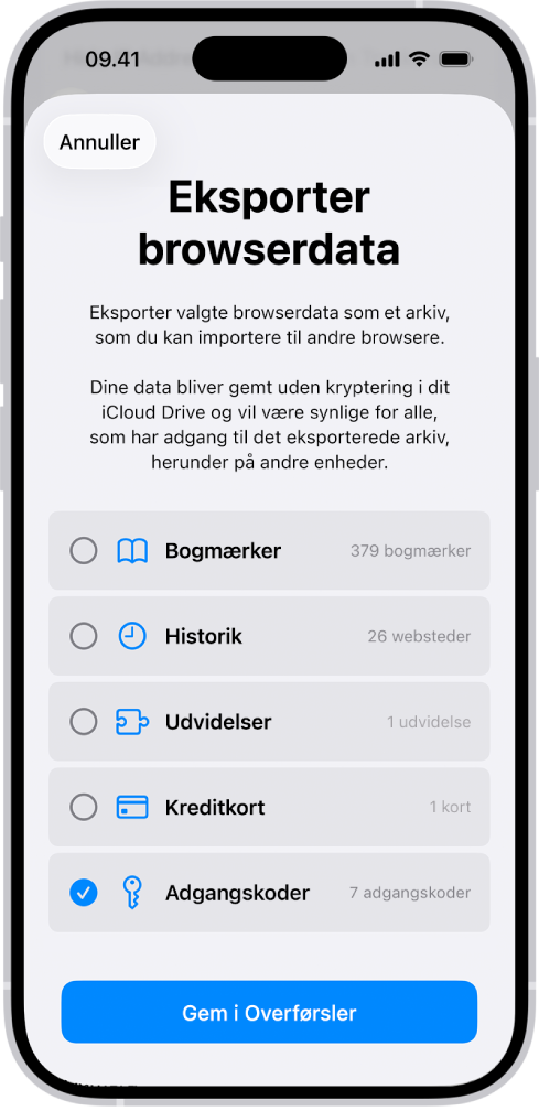 Skærmen Eksporter browserdata med muligheden Adgangskoder valgt for at eksportere til en anden adgangskodeapp.