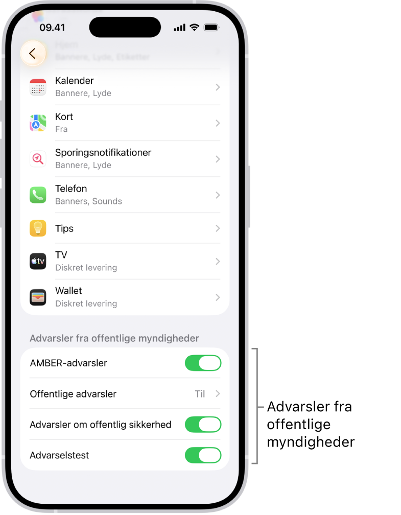 Skærmen Notifikationer, der viser Advarsler fra offentlige myndigheder, som du kan slå til for at modtage advarsler fra offentlige myndigheder.