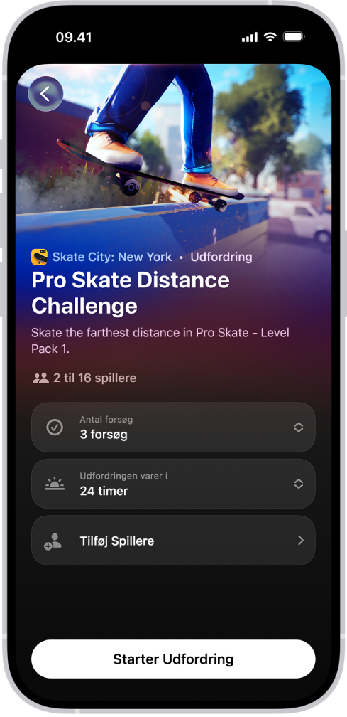 Skærmen til indstilling af en udfordring viser indstillinger til at indstille antallet af forsøg og varigheden af udfordringen, før der spilles med venner.