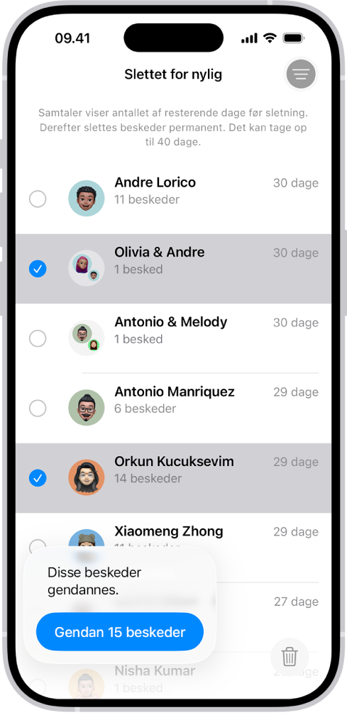 Gendannelse af alle beskeder, der er slettet i to samtaler.