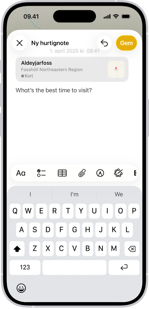 En hurtignote, der viser et link til en lokalitet i Kort og tekst nedenunder. Knappen Gem er øverst til venstre.