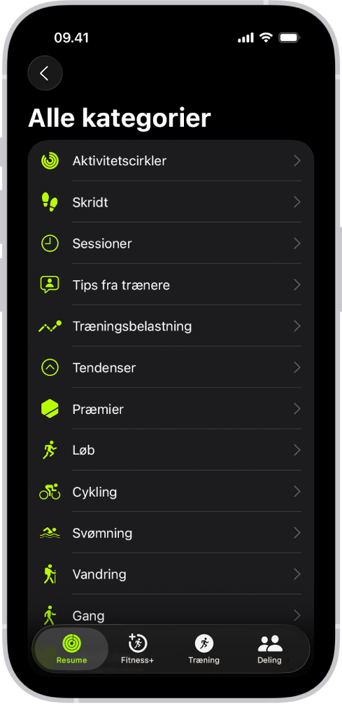 Skærmen Fitness, der viser en liste med fitnesskategorier.