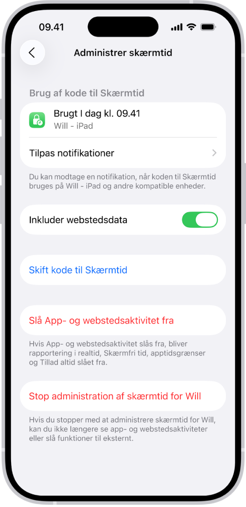 Skærmen Administrer skærmtid for et barn i familien. Øverst på skærmen ses, hvornår adgangskoden sidst blev brugt, og på hvilken enhed den blev brugt.