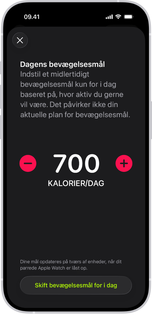 Skærmen Tidsplan for bevægelsesmål i Fitness, der viser knapper til at forøge eller reducere bevægelsesmålet.